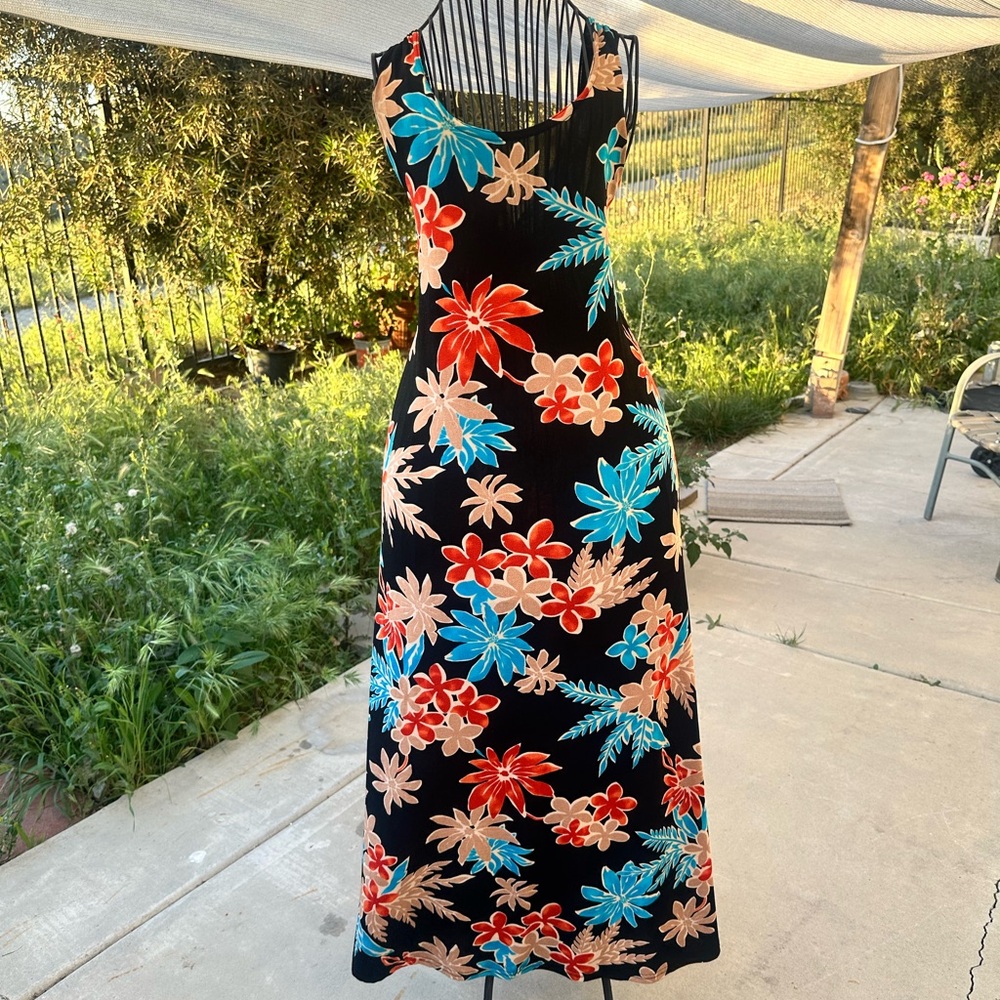 Floral Maxi Dress - Black with Red and Blue Accents